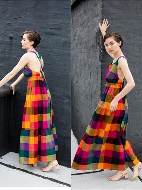 Rujuta sheth Gema Tier Maxi Dress Multi Check Plaid Sleeveless Colorful Size L